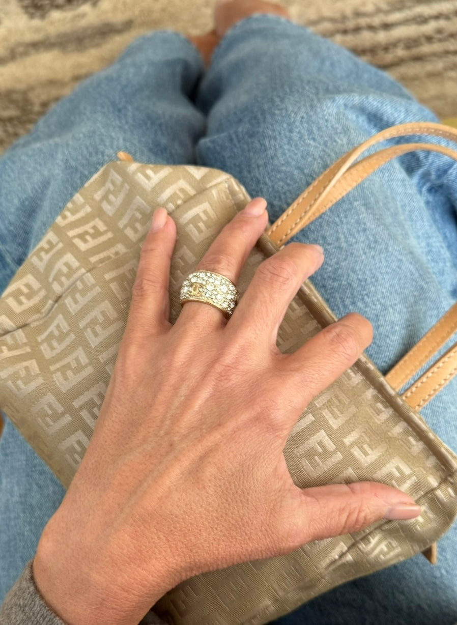 Vintage 2010 CHANEL Rhinestones Encrusted CC Band Ring Champagne