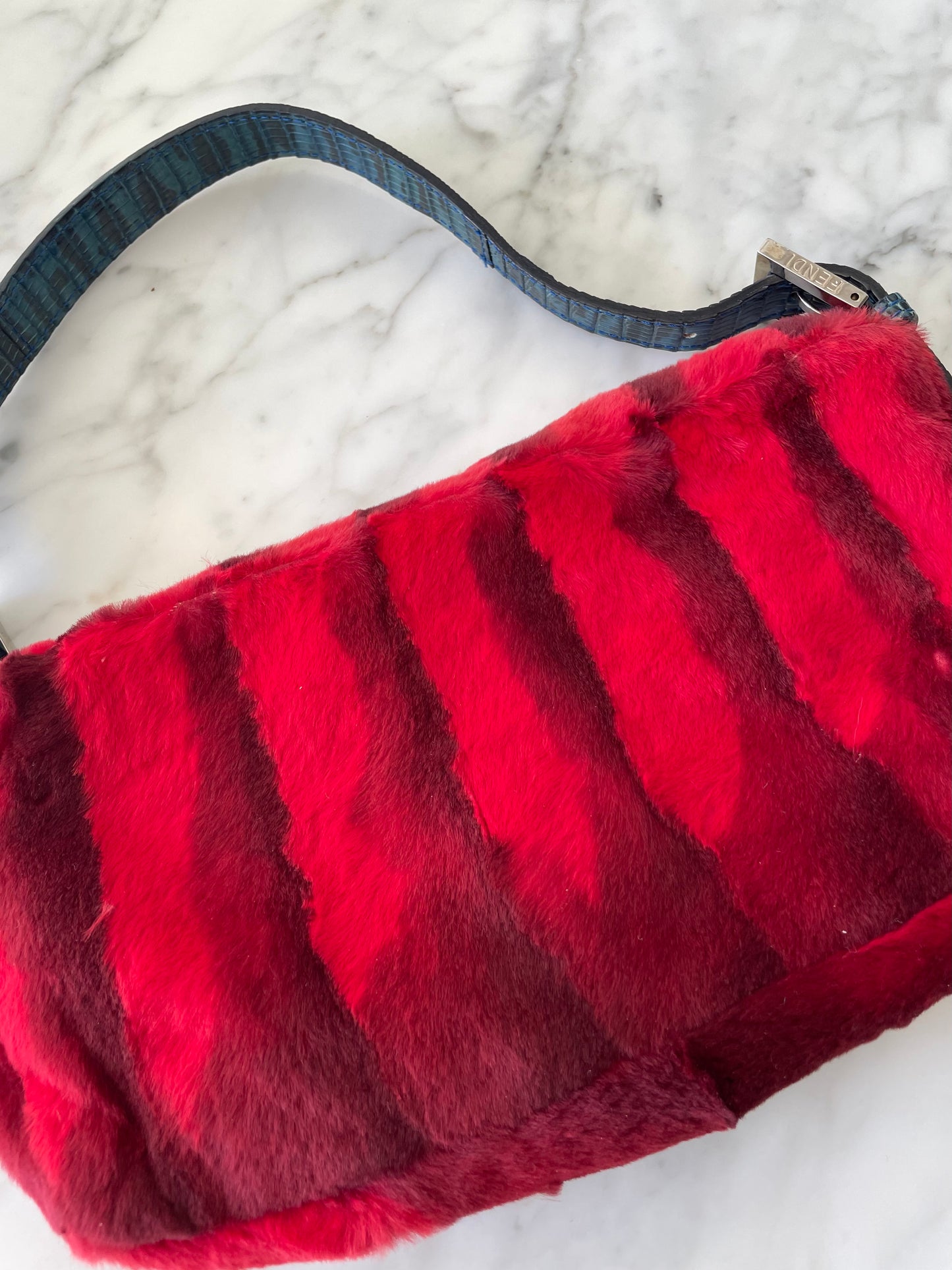 Rare Fendi Fur Baguette with Lizard Trim & Lapis Buckle