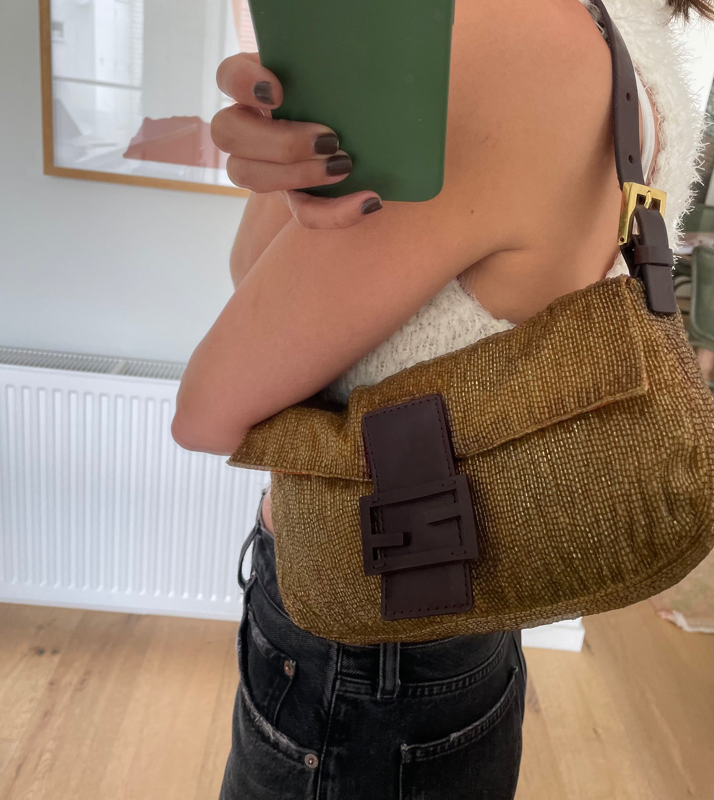 Fendi Gold Beaded Baguette