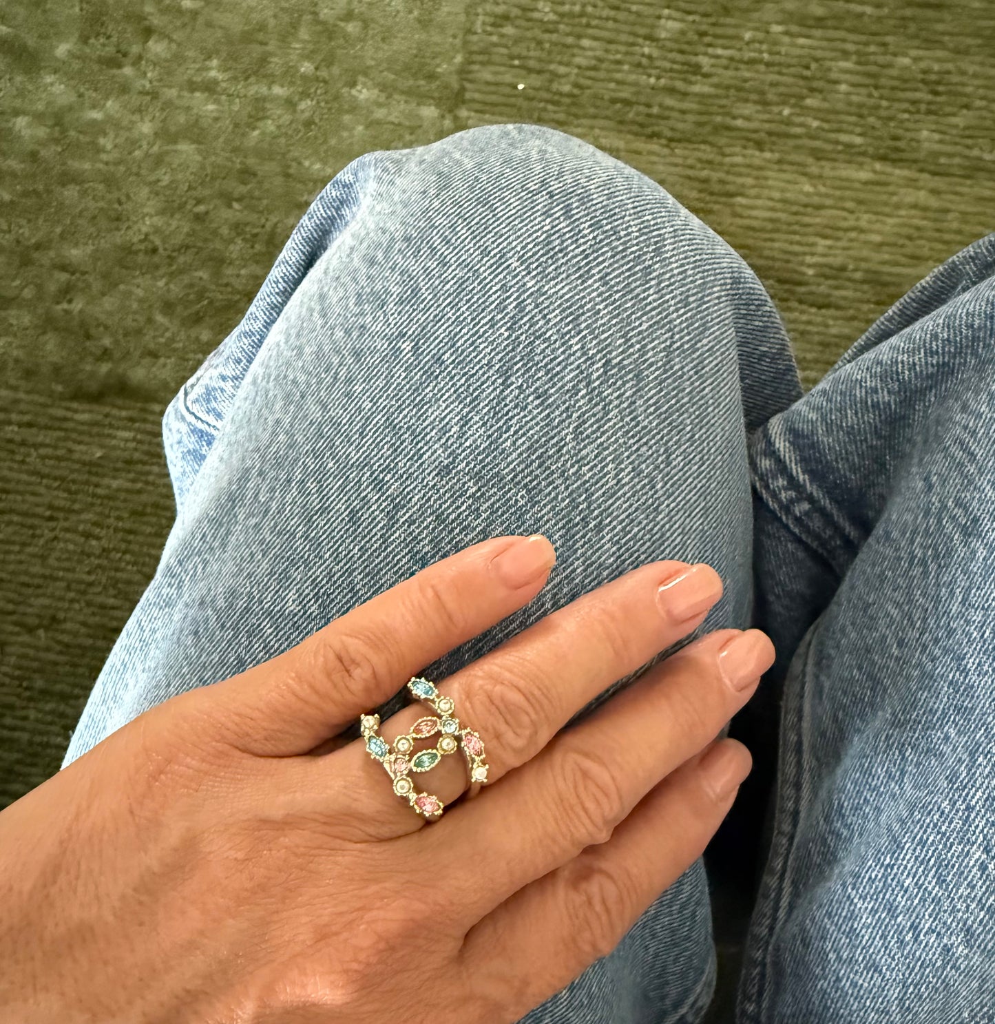 2000s Chanel CC Faux Pearl Crystal Embellished Ring