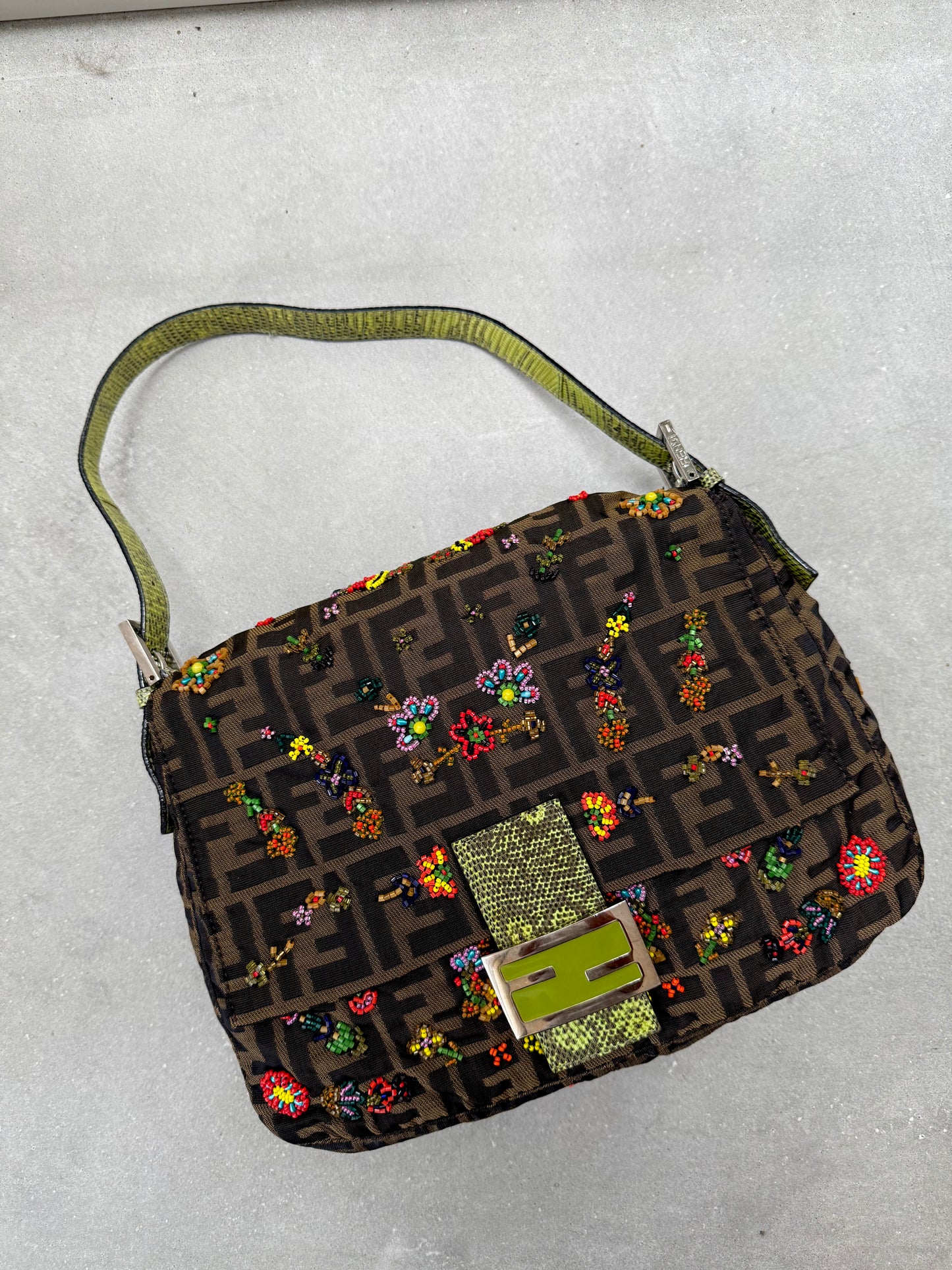 Fendi Mamma Floral Beaded Baguette with Lizard Trim