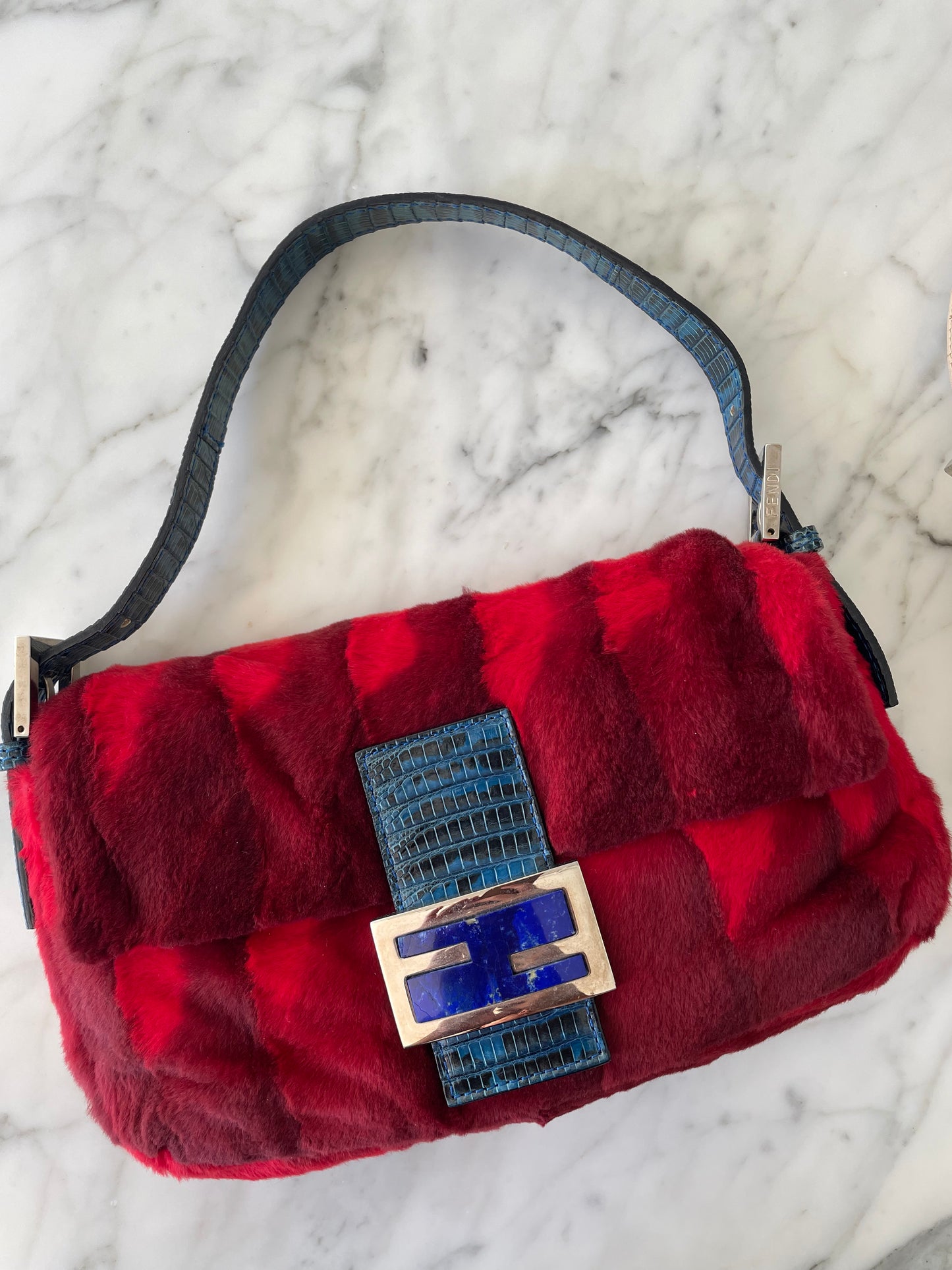 Rare Fendi Fur Baguette with Lizard Trim & Lapis Buckle