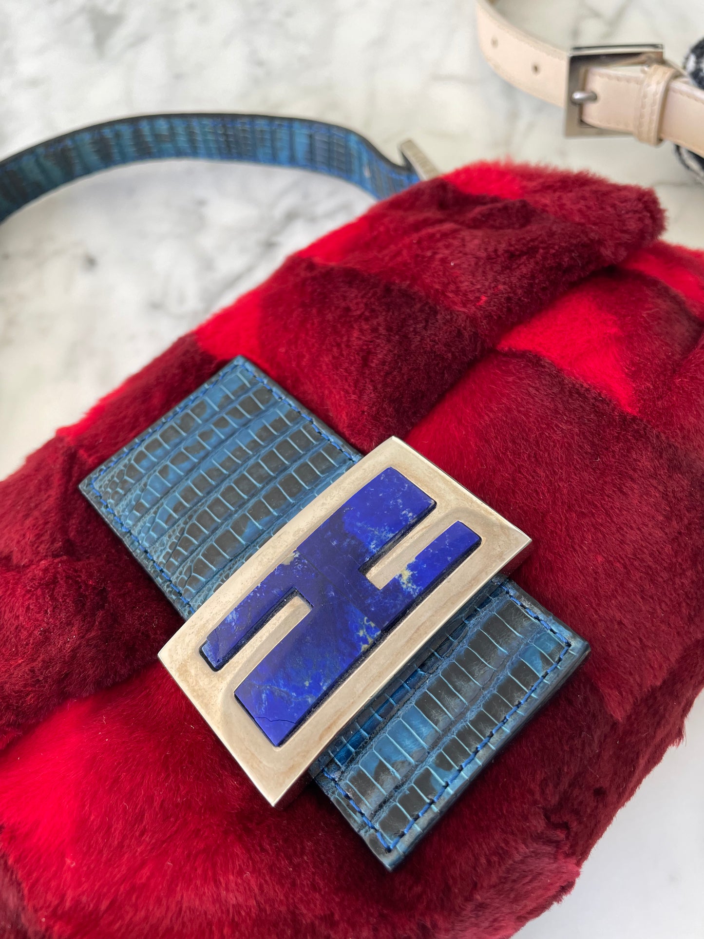 Rare Fendi Fur Baguette with Lizard Trim & Lapis Buckle