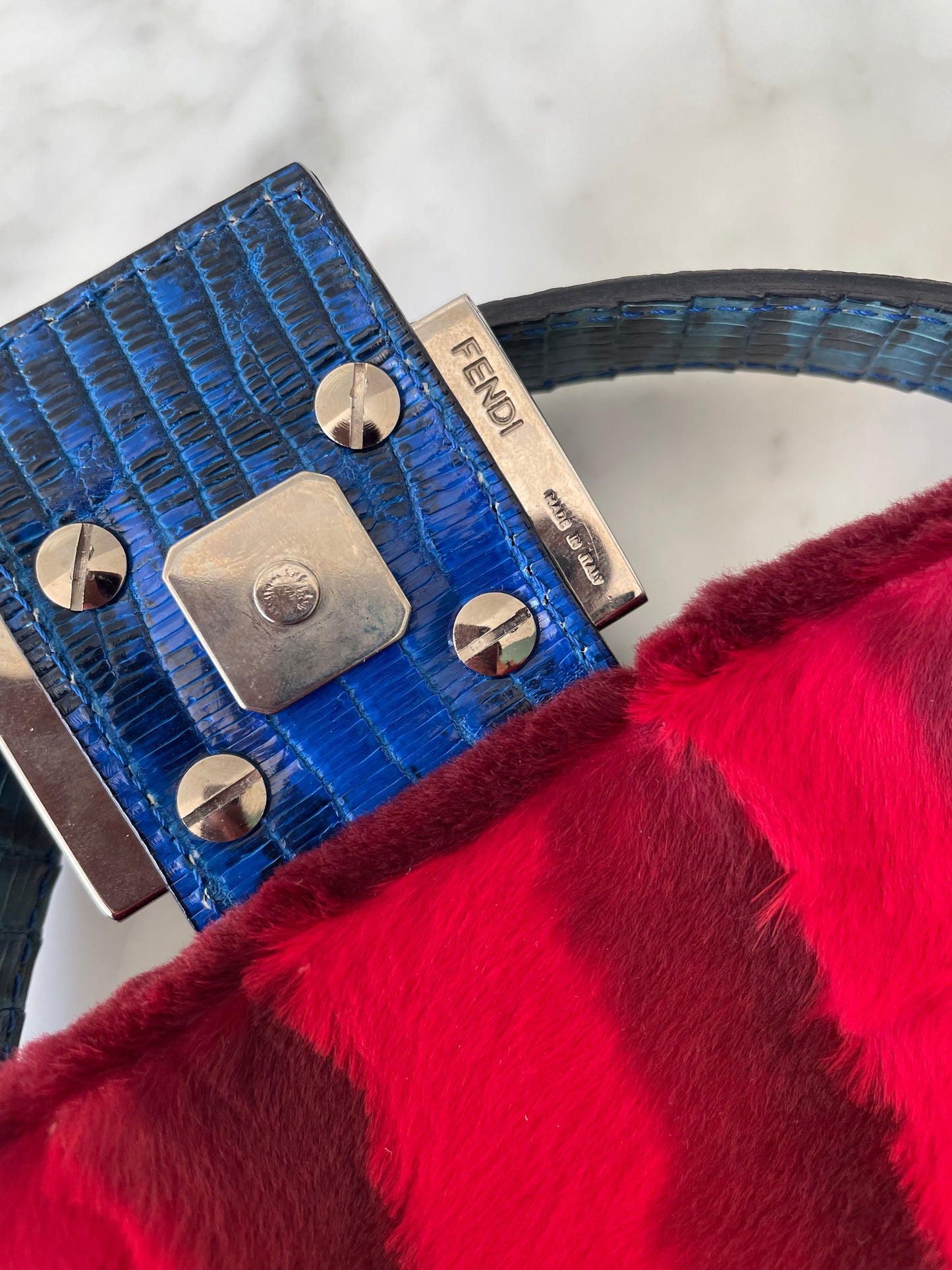 Rare Fendi Fur Baguette with Lizard Trim & Lapis Buckle