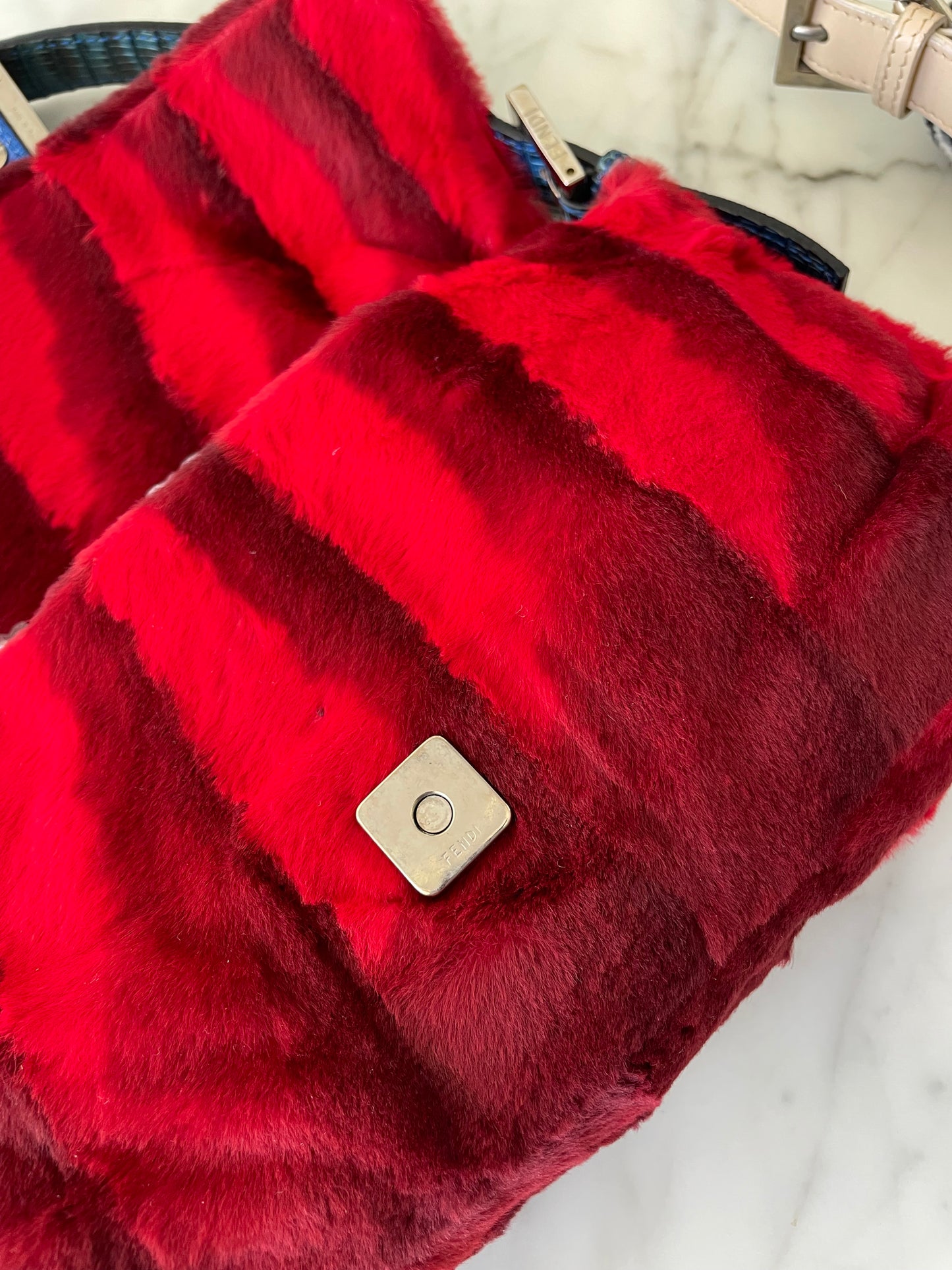 Rare Fendi Fur Baguette with Lizard Trim & Lapis Buckle