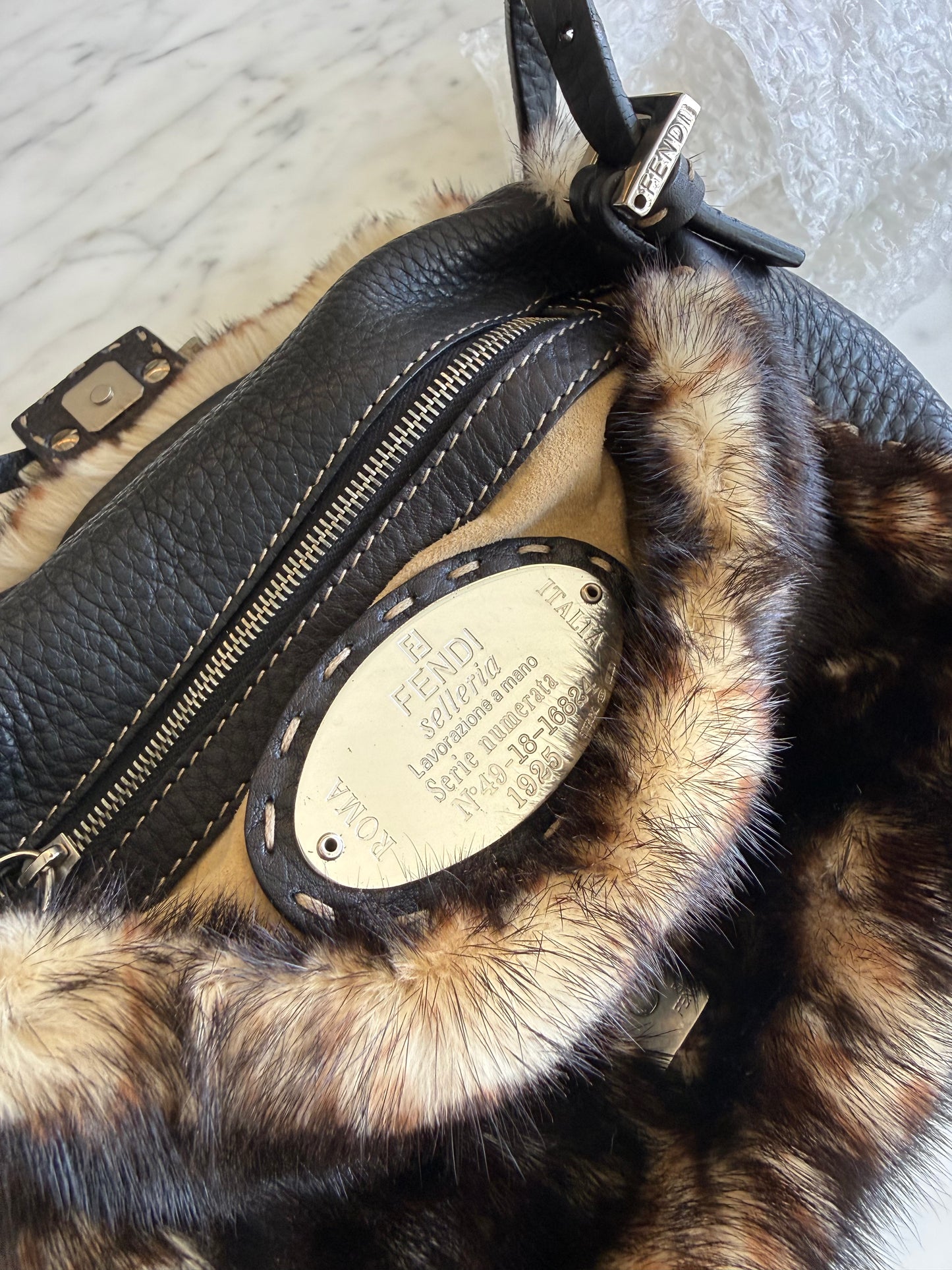 Fendi Mini Mama Selleria Baguette in Leopard Mink Fur