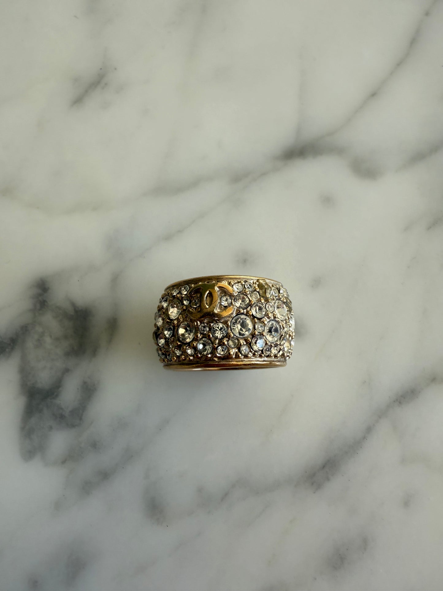 Vintage 2010 CHANEL Rhinestones Encrusted CC Band Ring Champagne