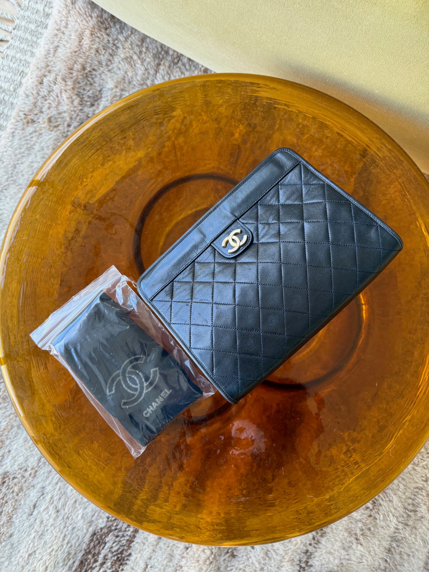 Vintage Chanel Black Leather Clutch with 24k Gold Plated Hardware