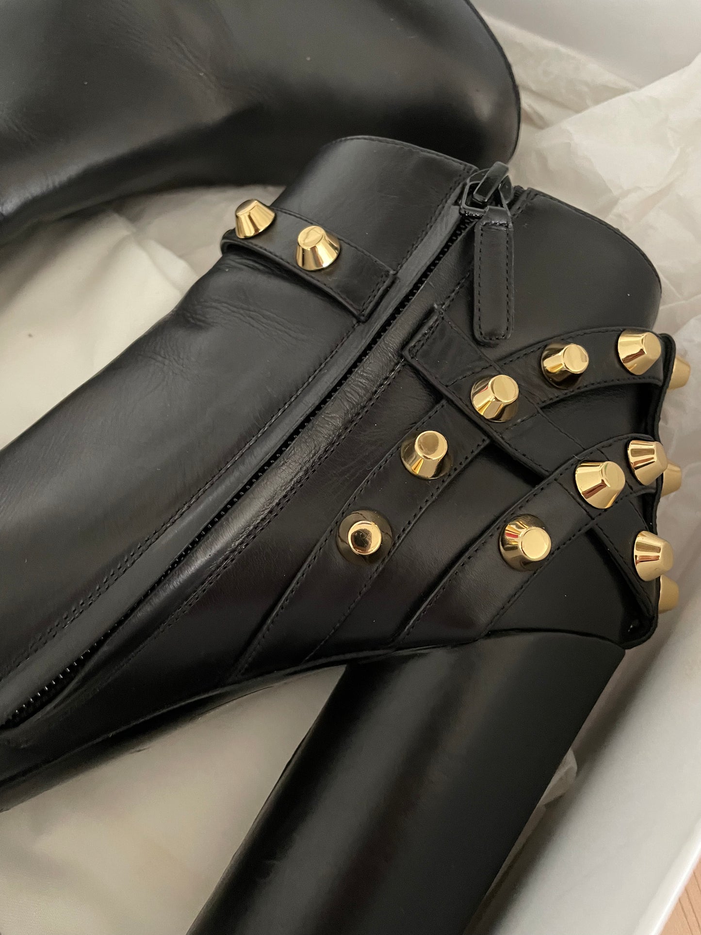 Balenciaga Black Leather Ankle Boots with Gold Studs Size 38