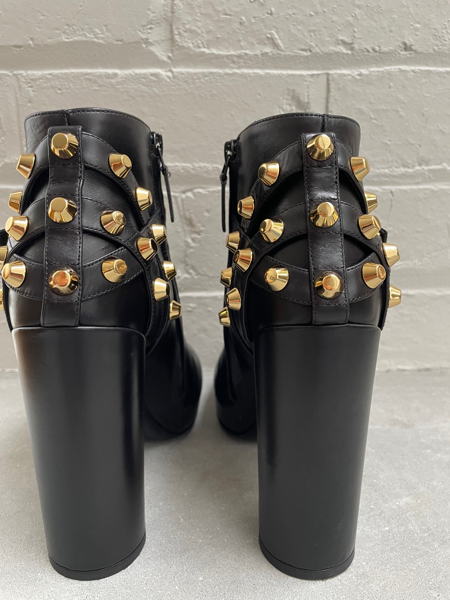 Balenciaga Black Leather Ankle Boots with Gold Studs Size 38