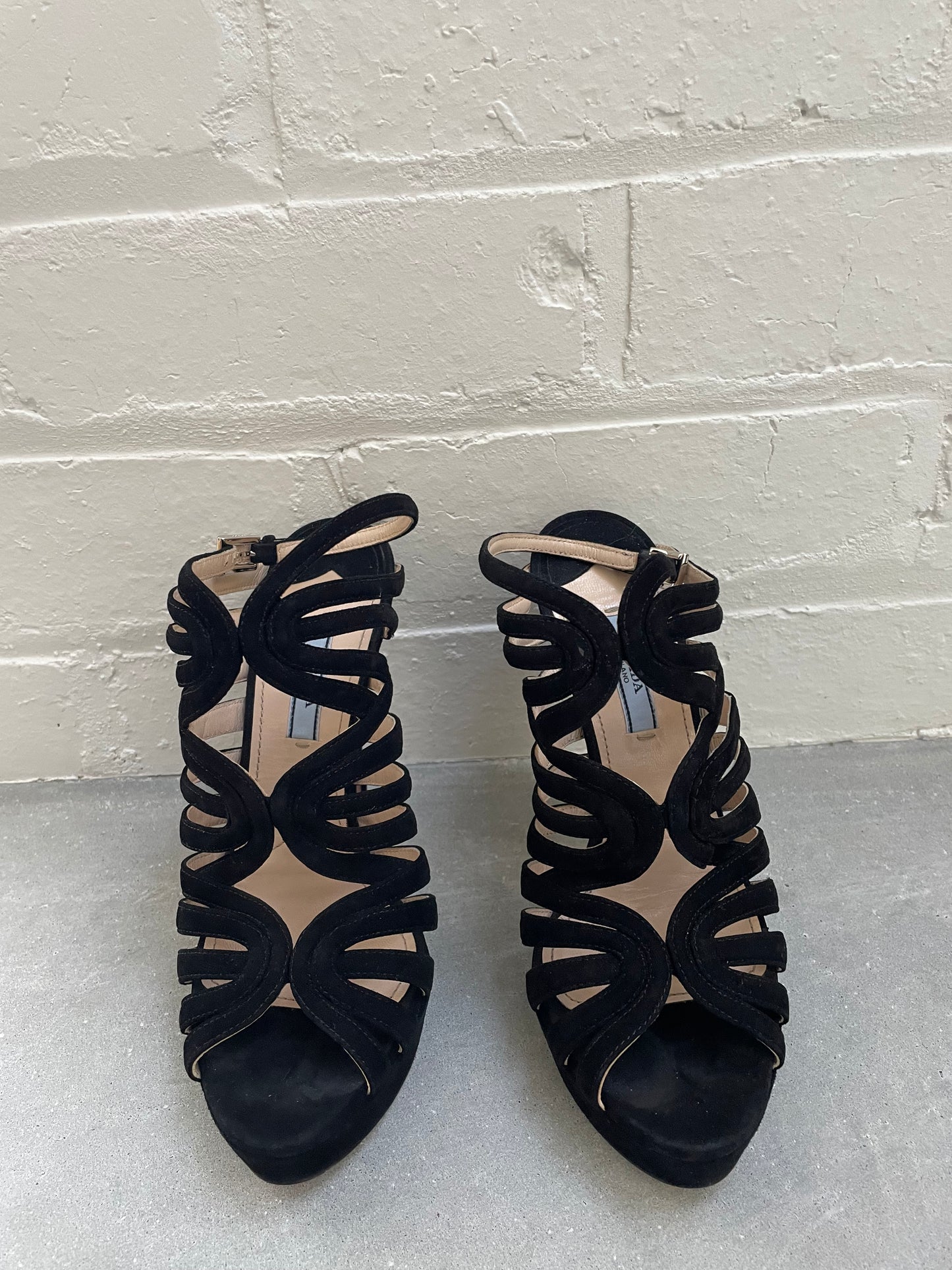 Prada Strappy Heel Black Suede Sandal Size 38