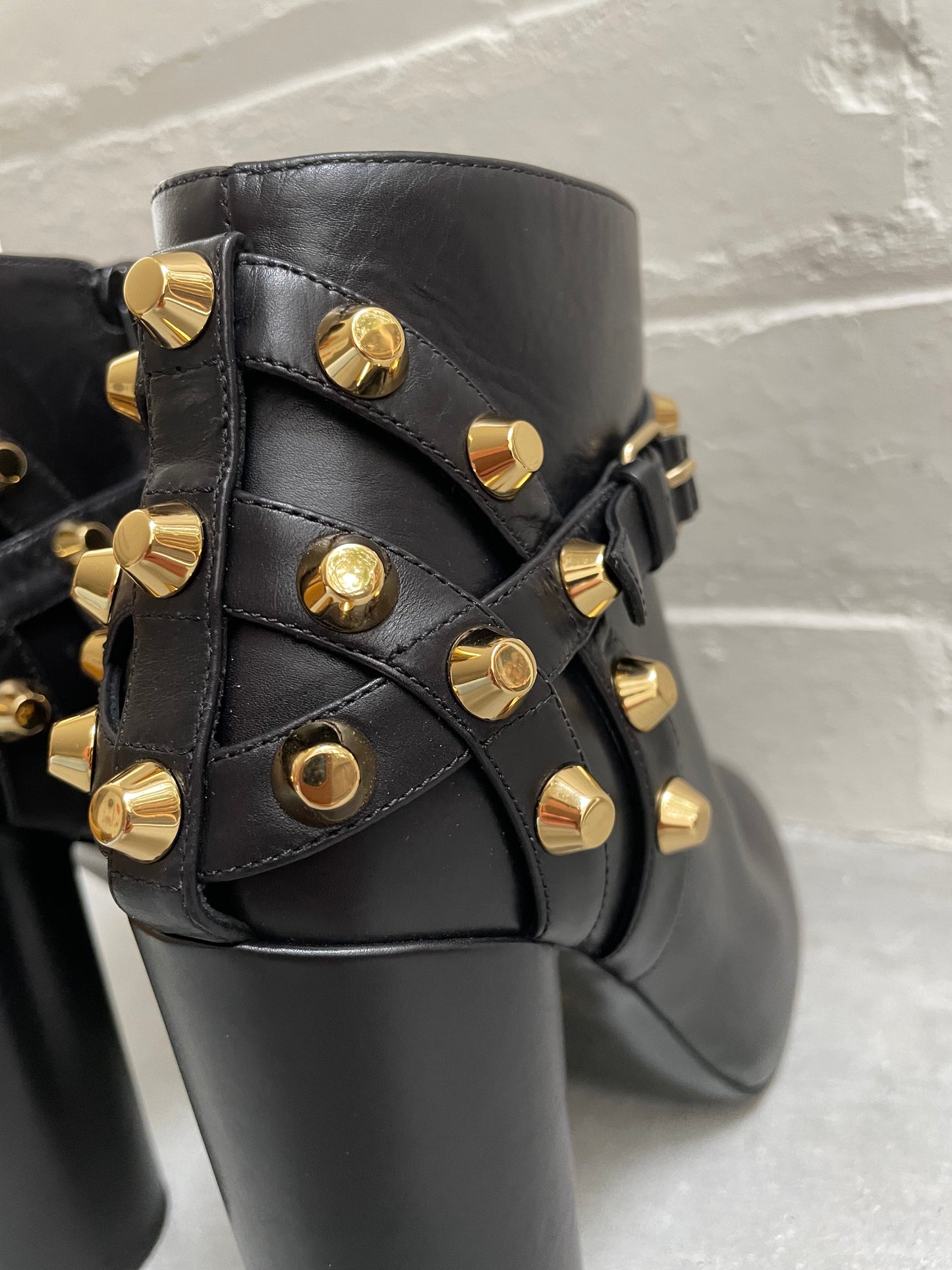 Balenciaga Black Leather Ankle Boots with Gold Studs Size 38