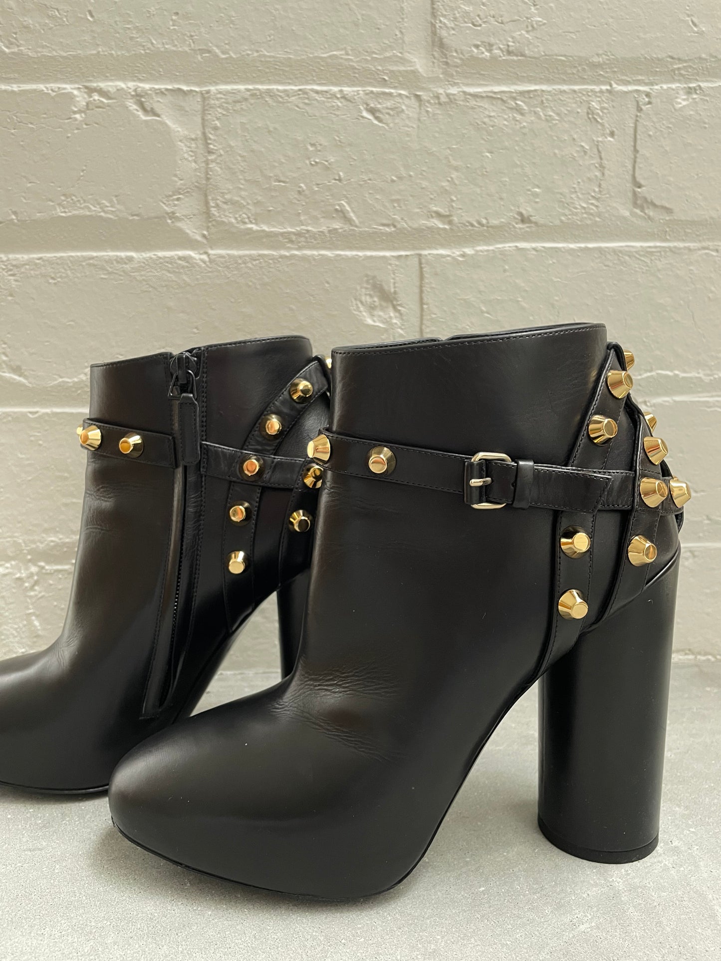 Balenciaga Black Leather Ankle Boots with Gold Studs Size 38