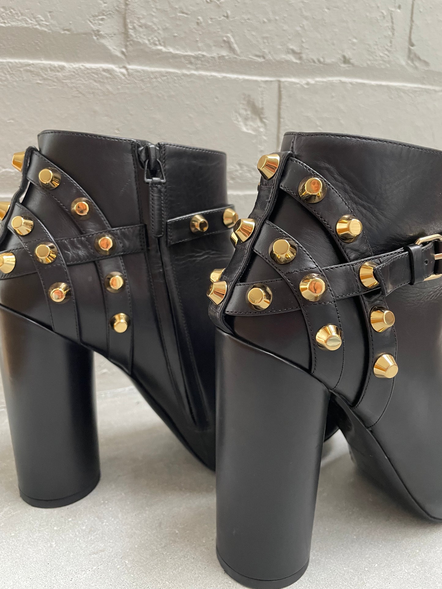 Balenciaga Black Leather Ankle Boots with Gold Studs Size 38