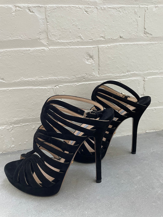 Prada Strappy Heel Black Suede Sandal Size 38