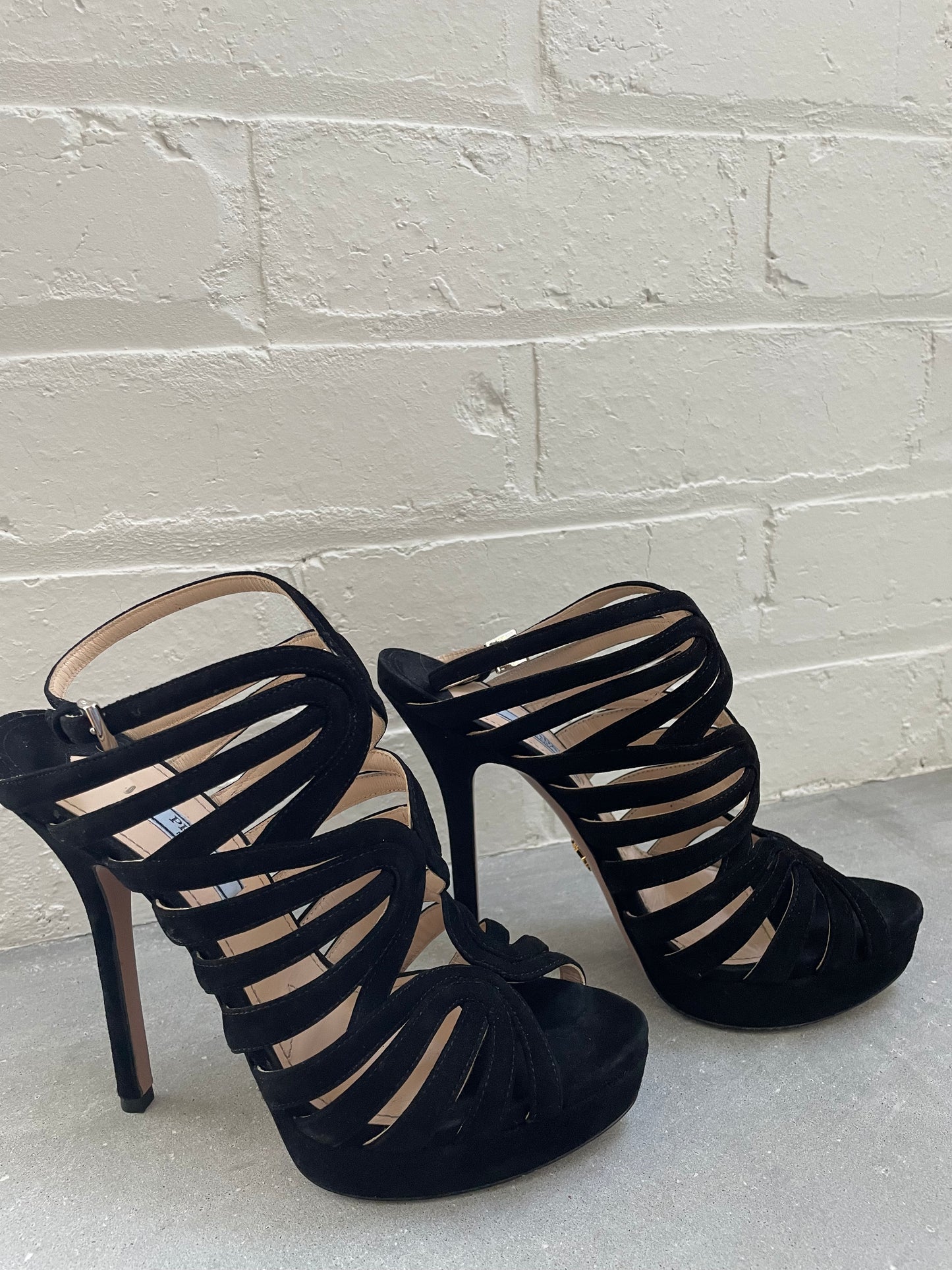 Prada Strappy Heel Black Suede Sandal Size 38