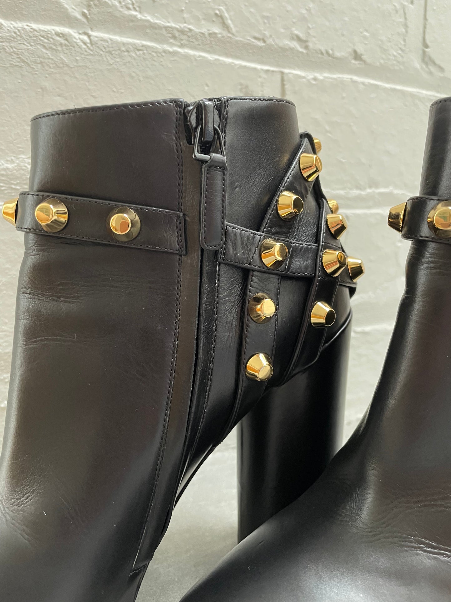 Balenciaga Black Leather Ankle Boots with Gold Studs Size 38