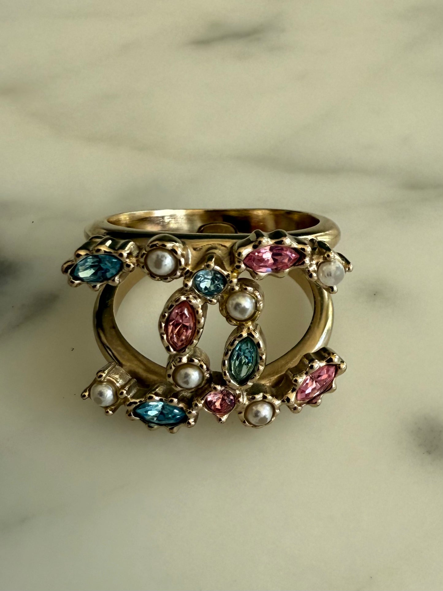 2000s Chanel CC Faux Pearl Crystal Embellished Ring