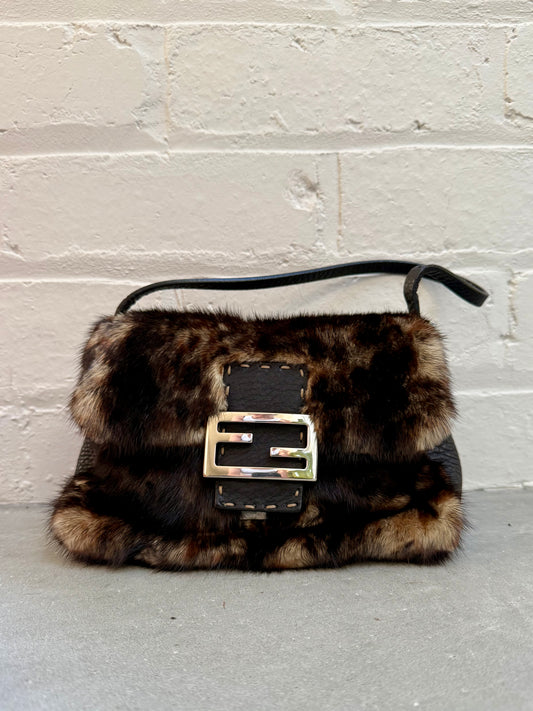 Fendi Mini Mama Selleria Baguette in Leopard Mink Fur
