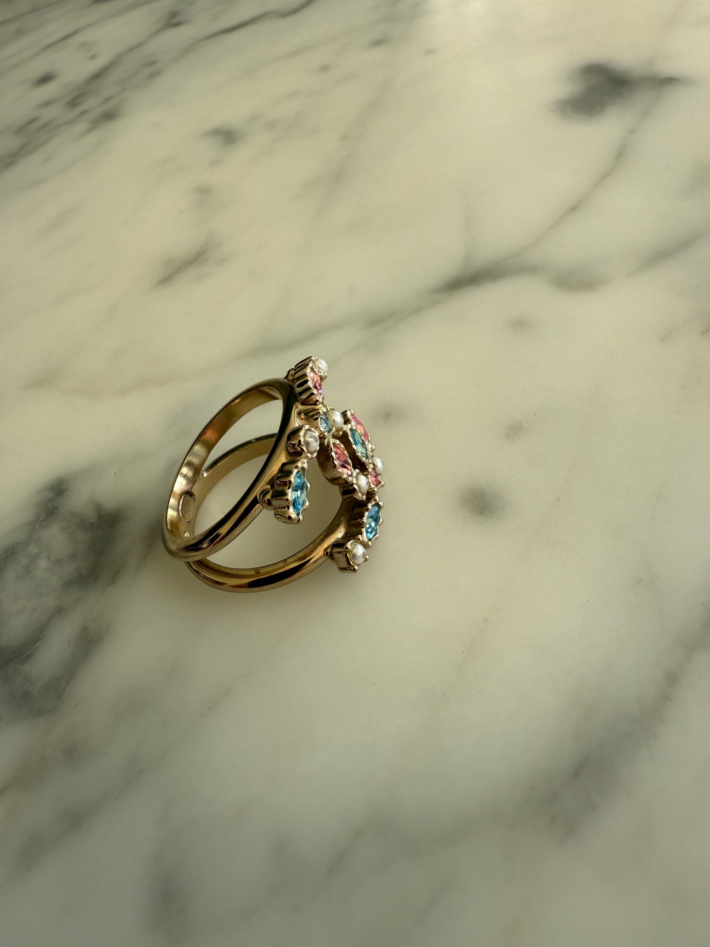 2000s Chanel CC Faux Pearl Crystal Embellished Ring