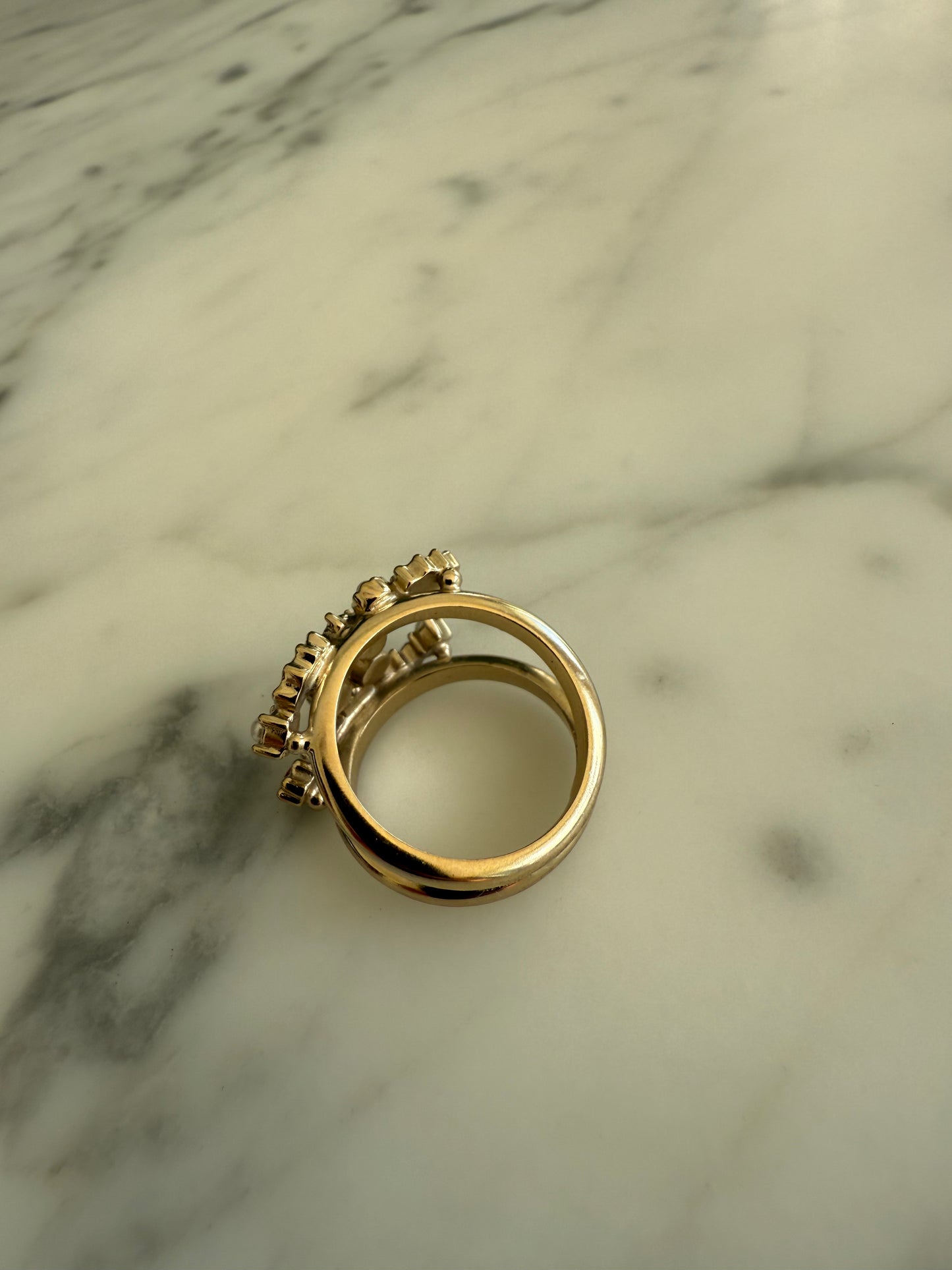 2000s Chanel CC Faux Pearl Crystal Embellished Ring