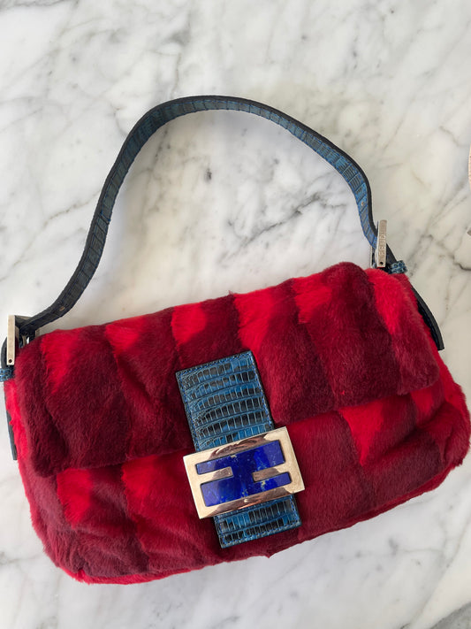 Rare Fendi Fur Baguette with Lizard Trim & Lapis Buckle