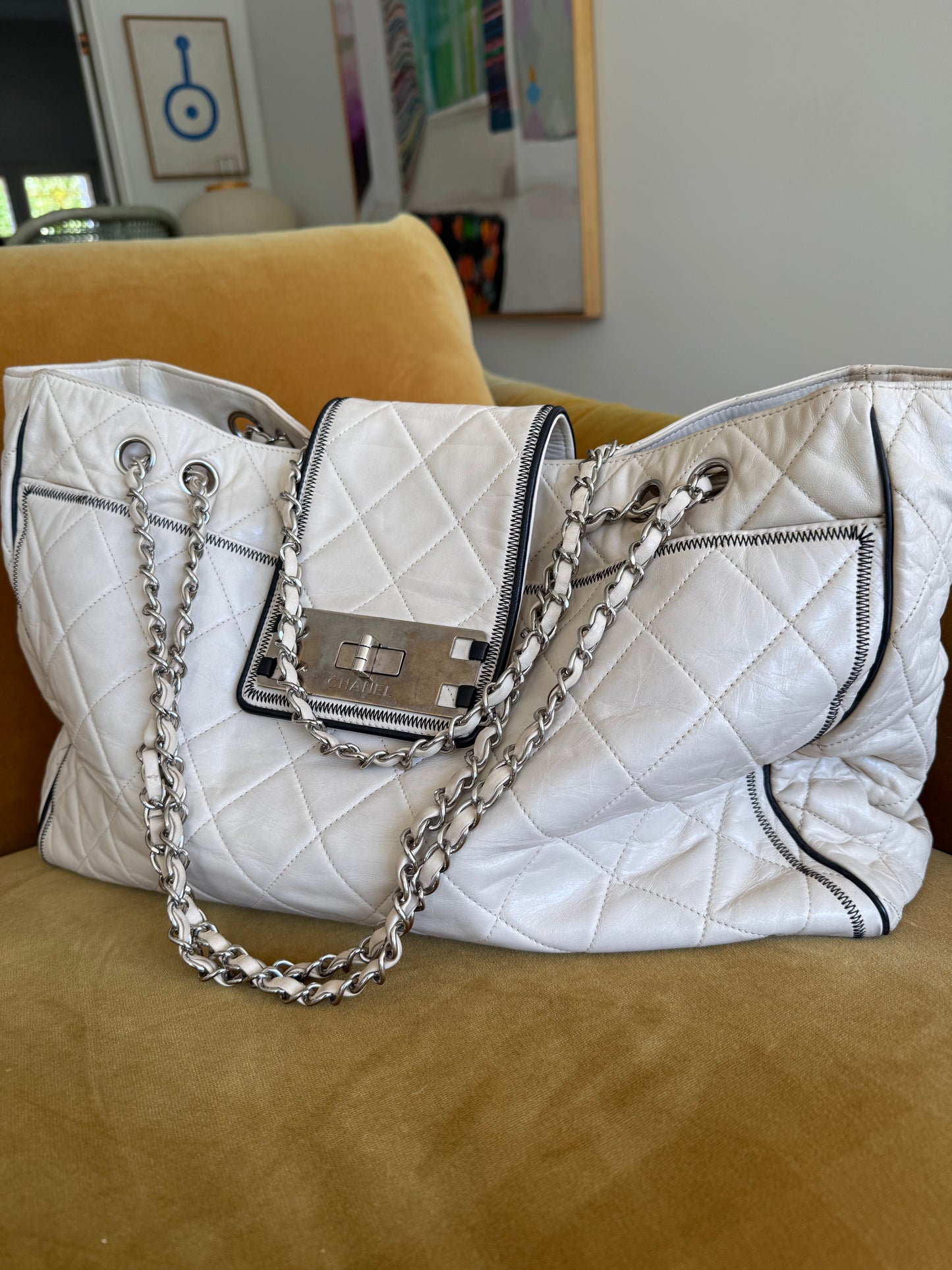 Chanel Matelasse Reissue East West Cream Tote Bag