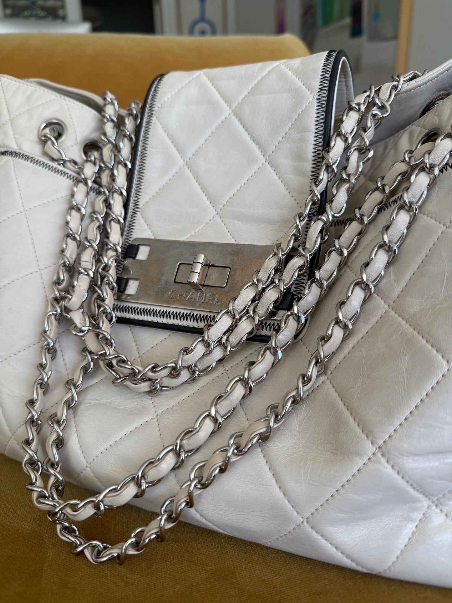 Chanel Matelasse Reissue East West Cream Tote Bag