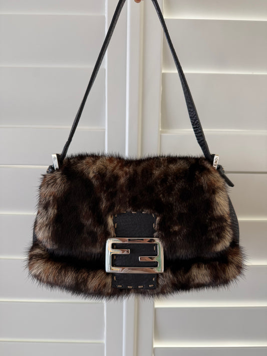 Fendi Mini Mama Selleria Baguette in Leopard Mink Fur