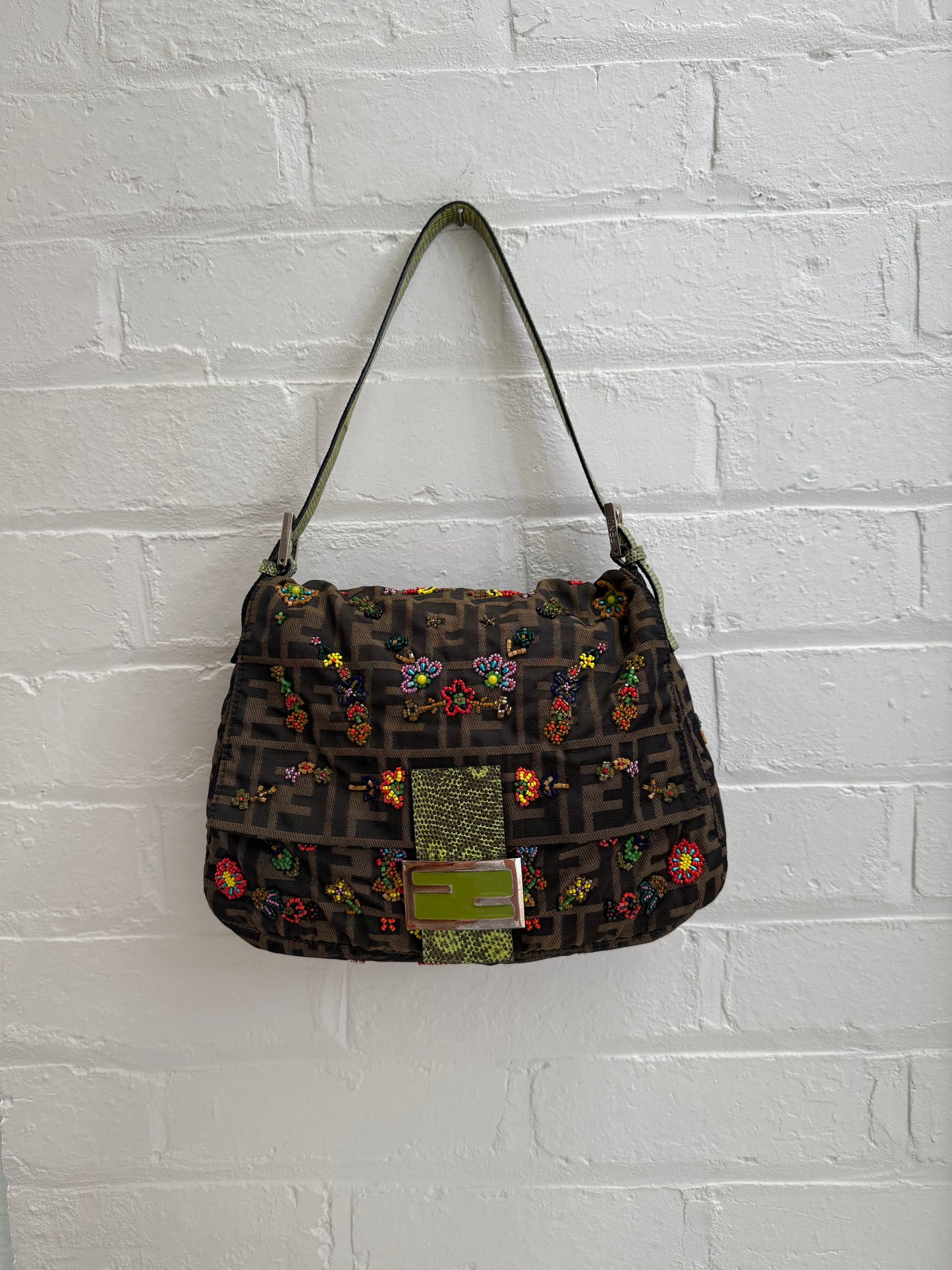 Fendi Mamma Floral Beaded Baguette with Lizard Trim