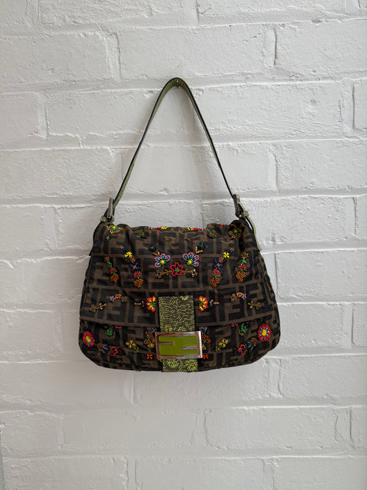 Fendi Mamma Floral Beaded Baguette with Lizard Trim