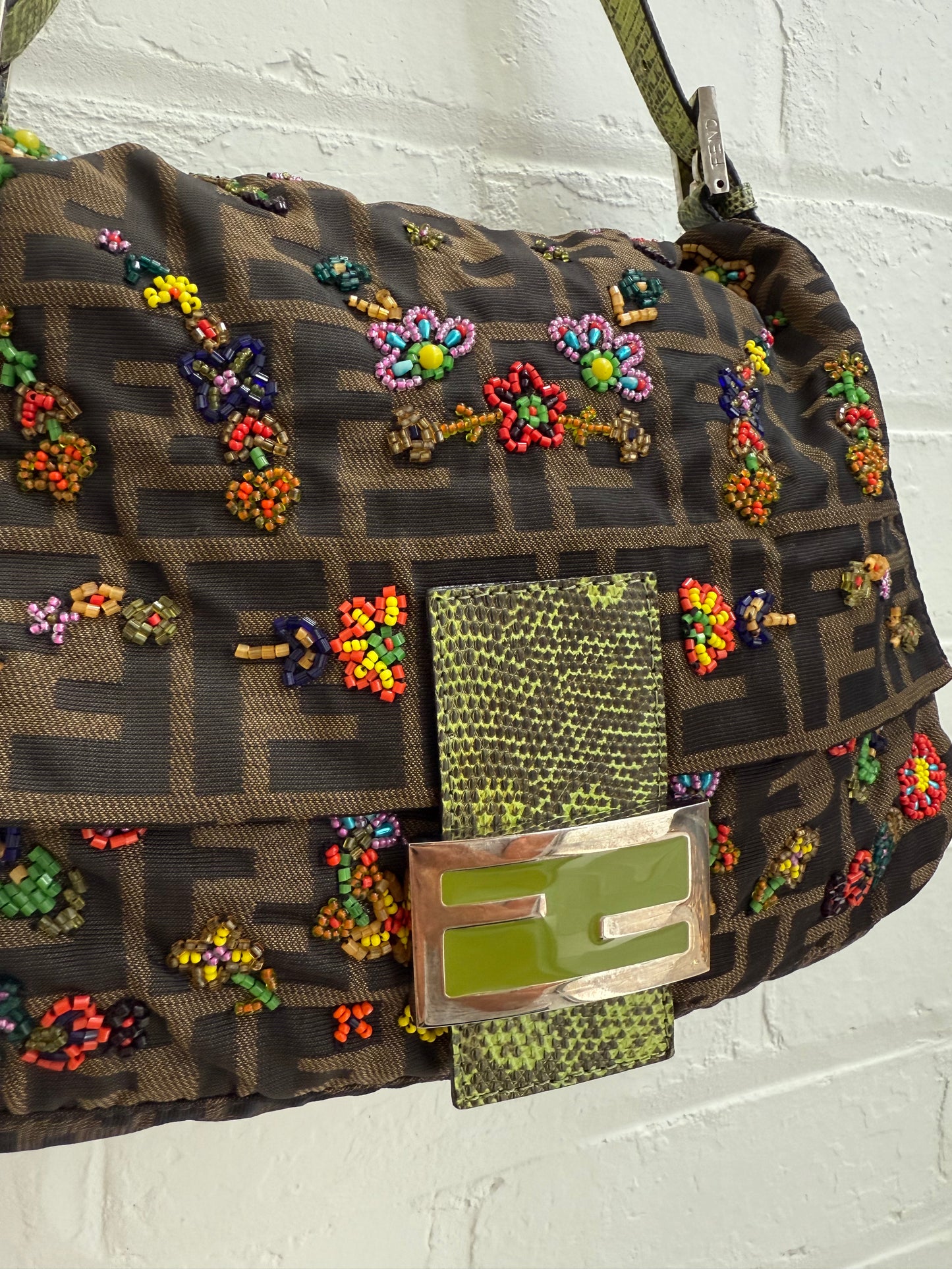 Fendi Mamma Floral Beaded Baguette with Lizard Trim