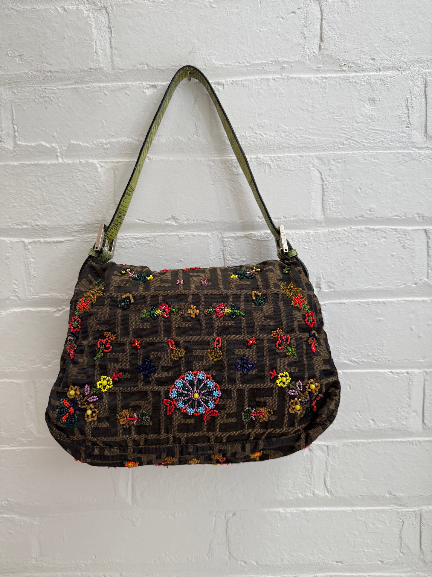 Fendi Mamma Floral Beaded Baguette with Lizard Trim