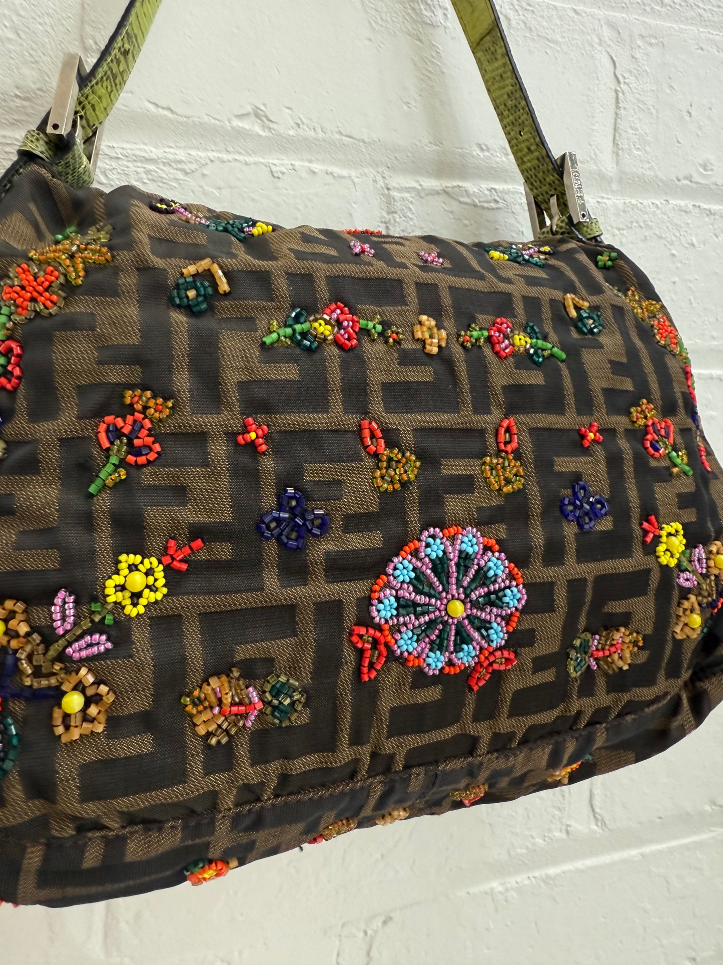 Fendi Mamma Floral Beaded Baguette with Lizard Trim