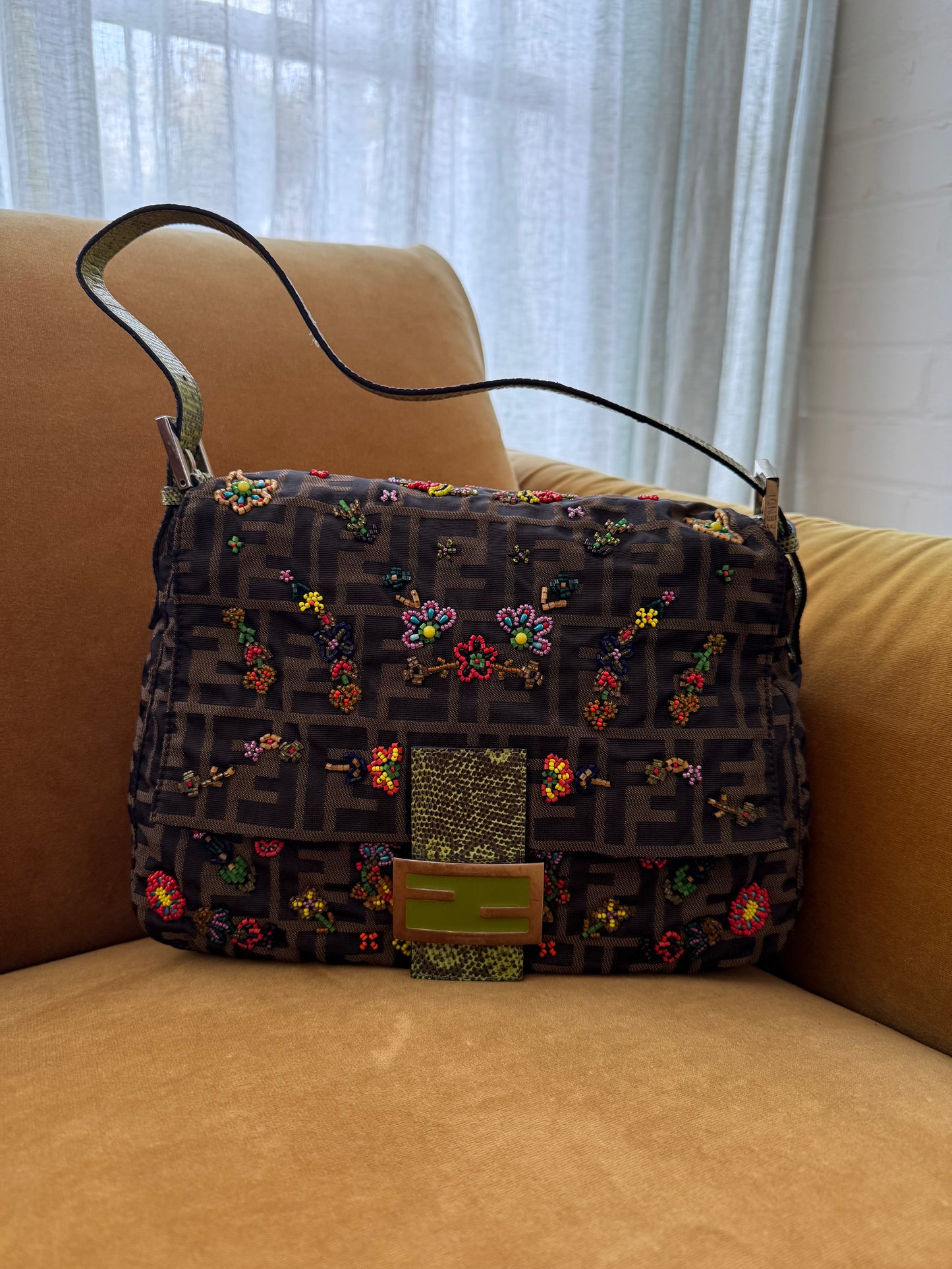 Fendi Mamma Floral Beaded Baguette with Lizard Trim