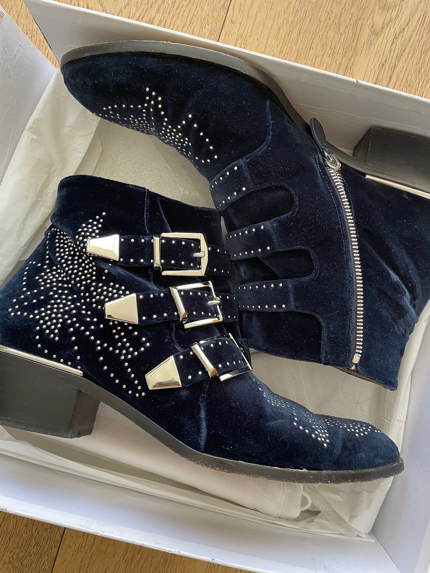 Chloe Susanna Blue Lagoon Velvet Ankle Boots - Size 39.5