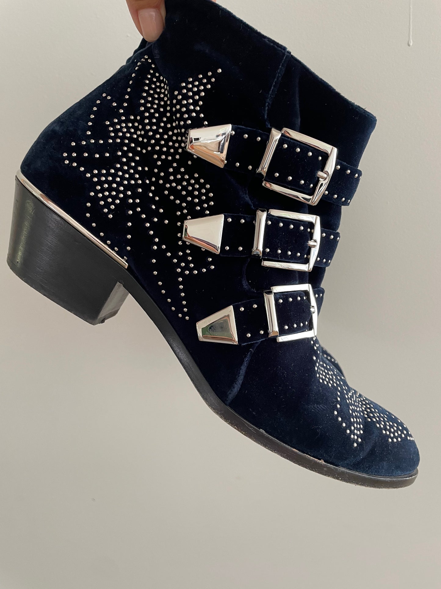 Chloe Susanna Blue Lagoon Velvet Ankle Boots - Size 39.5