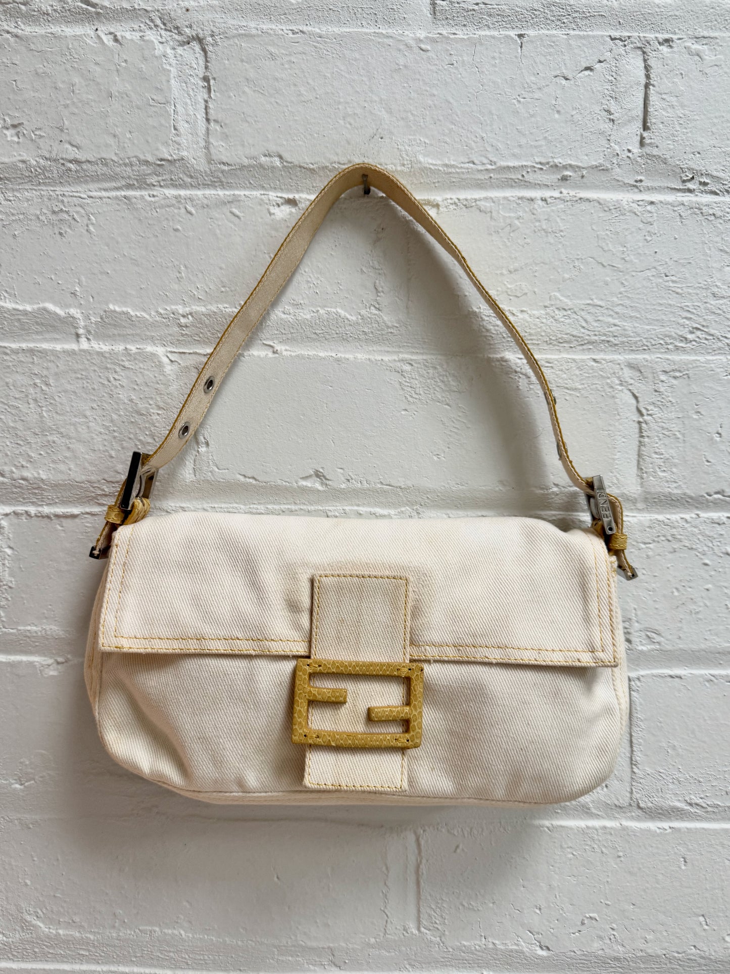 Vintage Fendi White Denim Baguette with Yellow Python Trim