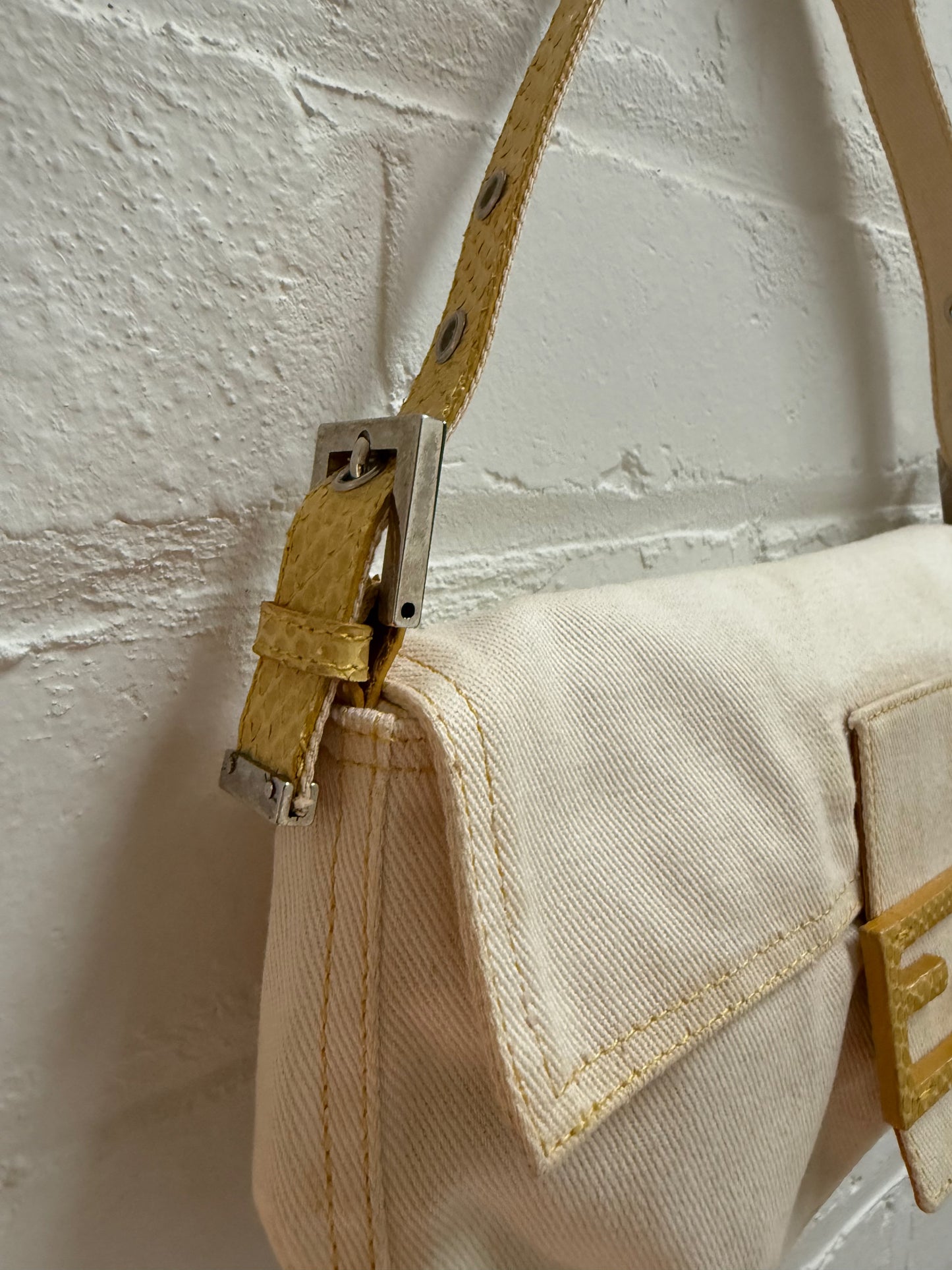 Vintage Fendi White Denim Baguette with Yellow Python Trim