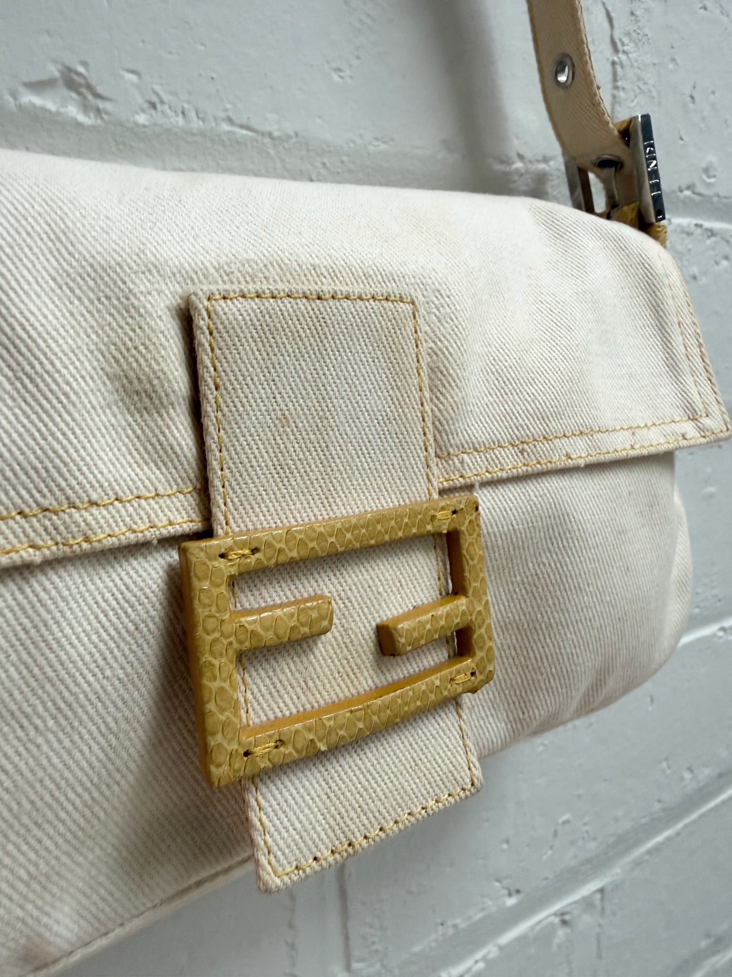 Vintage Fendi White Denim Baguette with Yellow Python Trim
