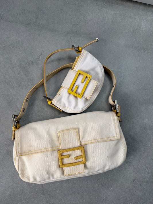 Vintage Fendi White Denim Baguette with Yellow Python Trim