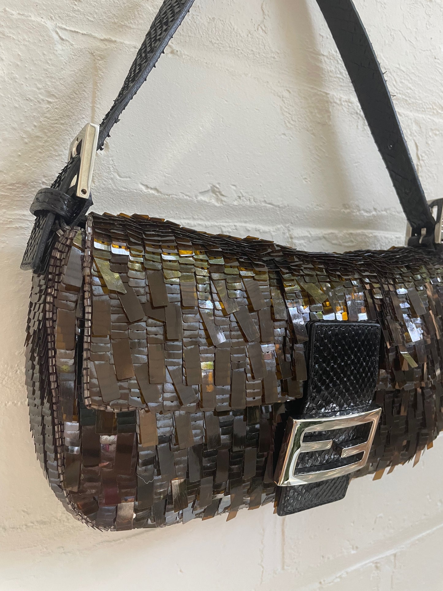 Fendi Brown Metallic Sequin & Python Baguette