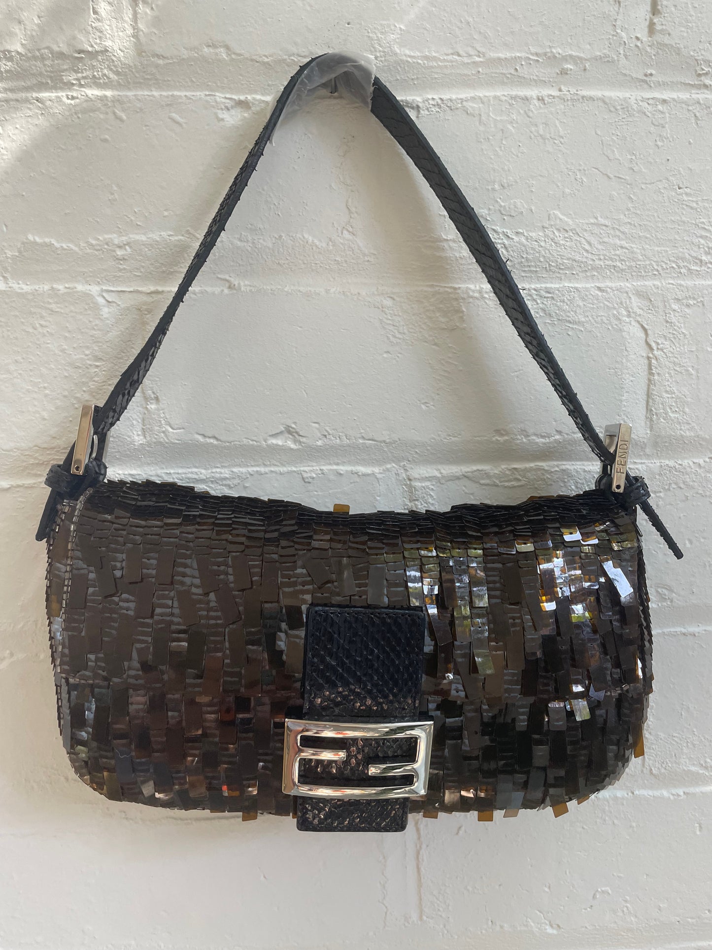 Fendi Brown Metallic Sequin & Python Baguette