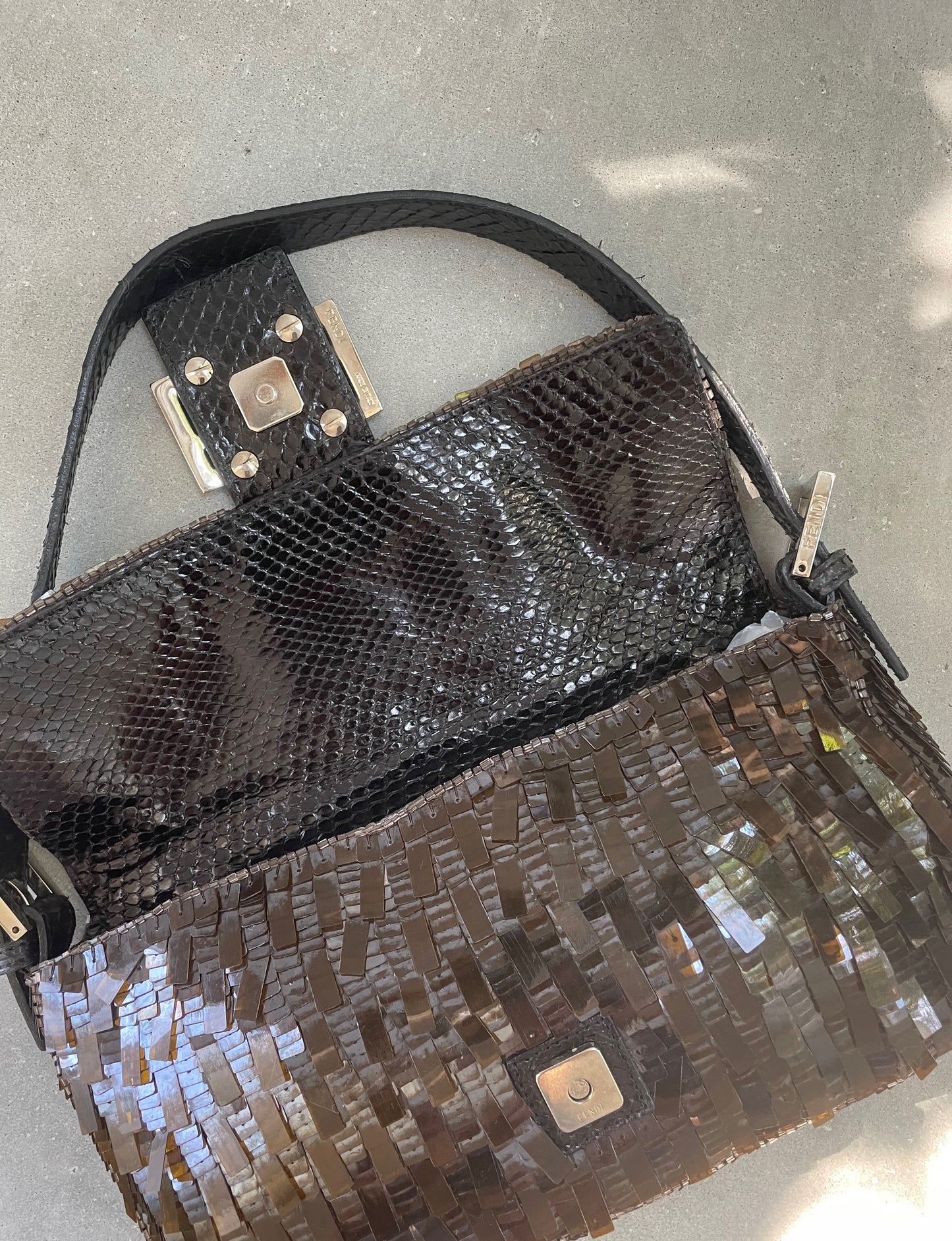 Fendi Brown Metallic Sequin & Python Baguette