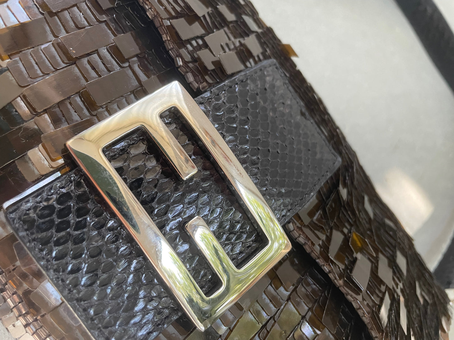 Fendi Brown Metallic Sequin & Python Baguette