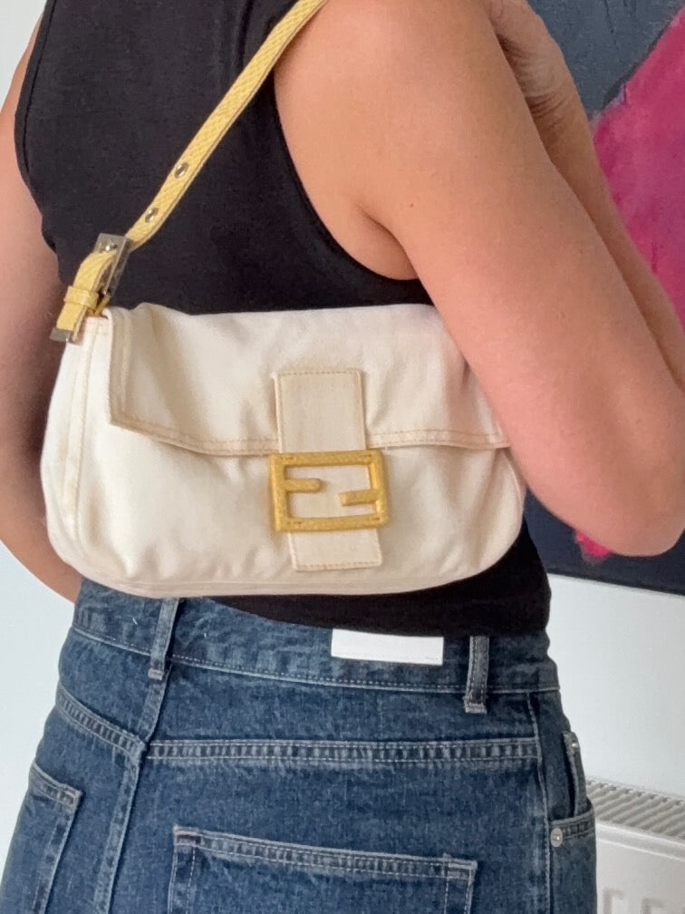 Vintage Fendi White Denim Baguette with Yellow Python Trim
