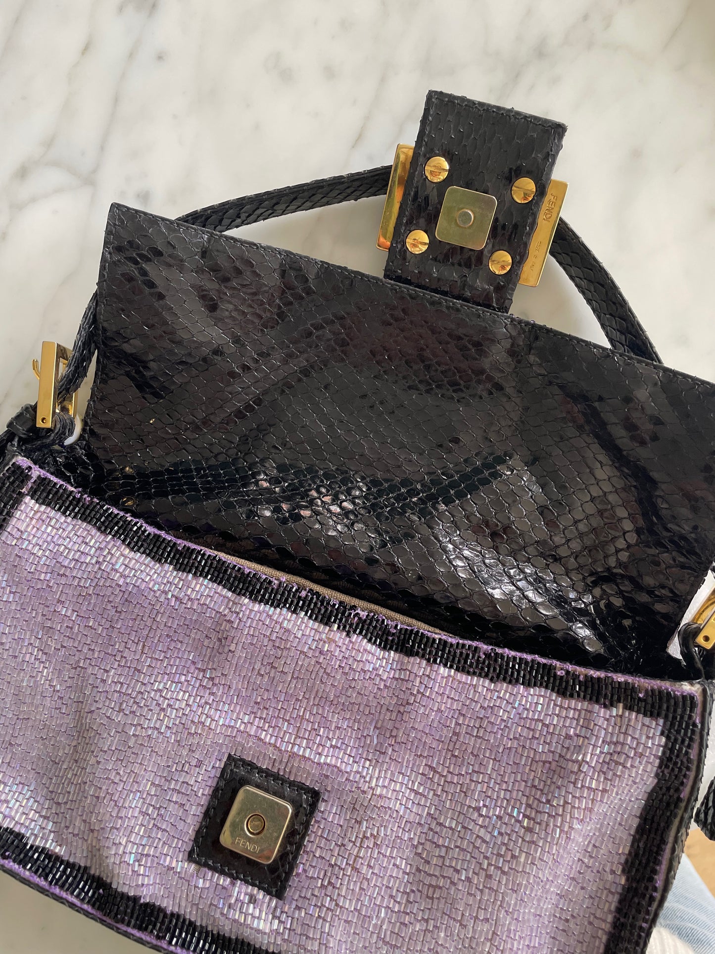 Fendi Vintage Lilac & Black Trim Beaded Baguette