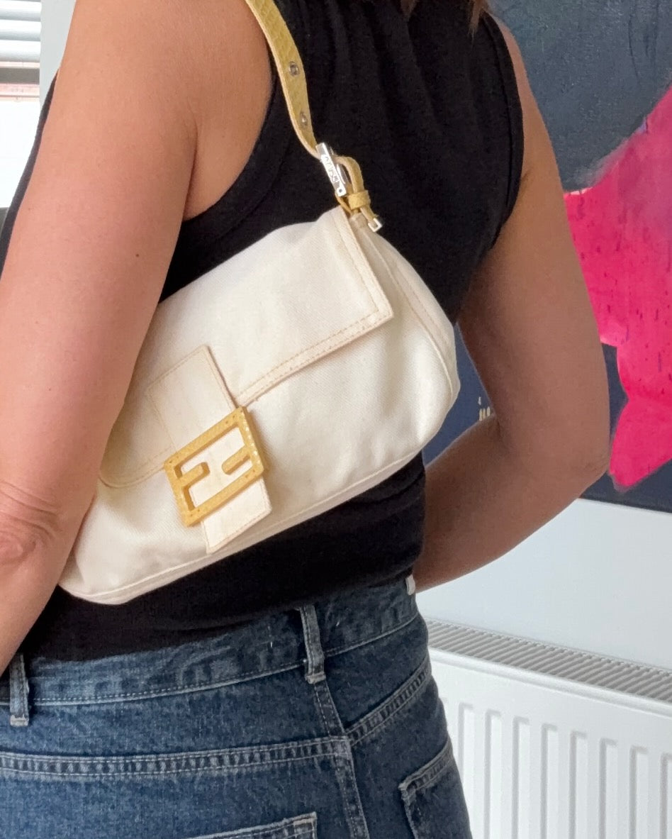 Vintage Fendi White Denim Baguette with Yellow Python Trim