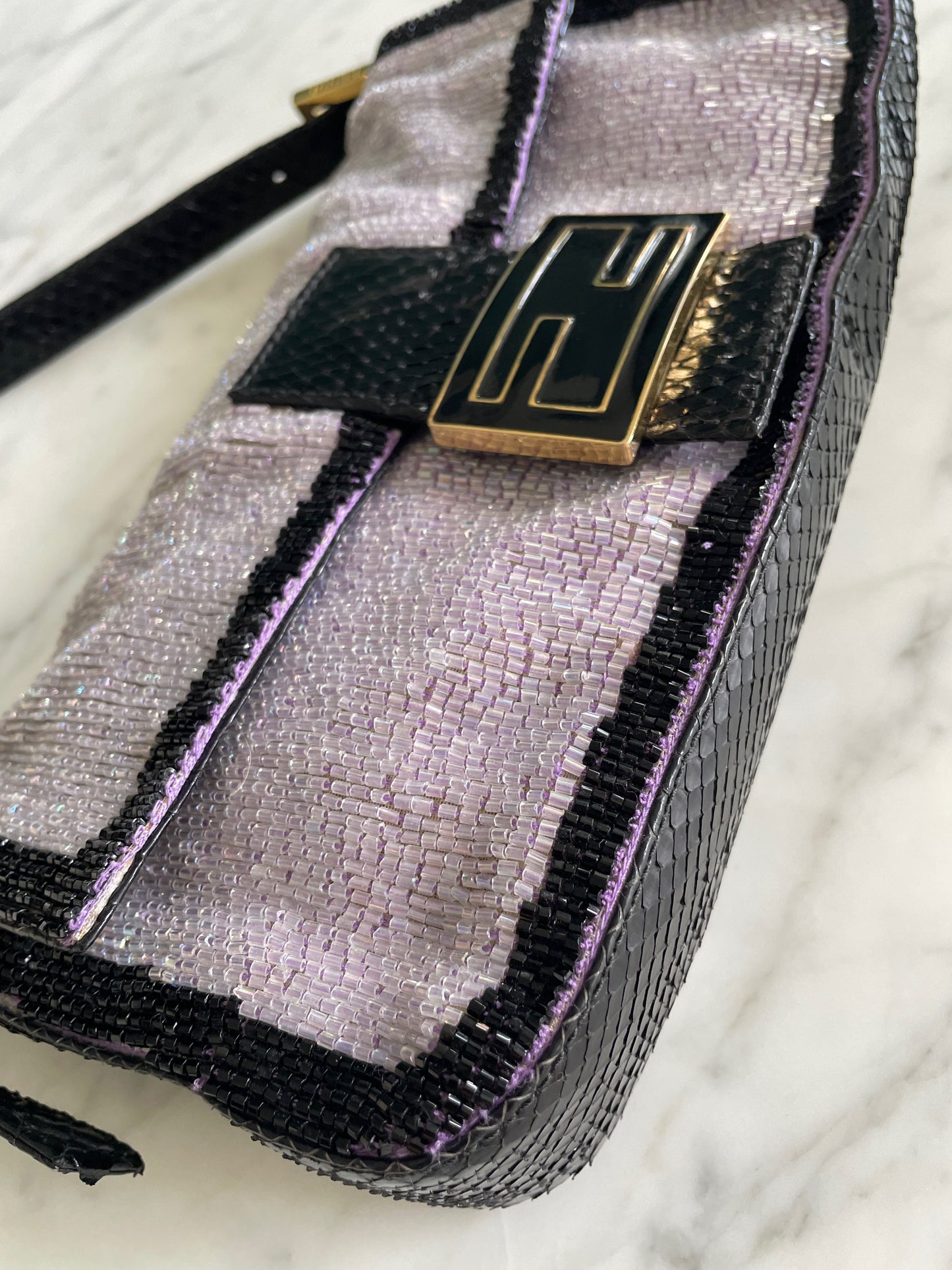 Fendi Vintage Lilac & Black Trim Beaded Baguette