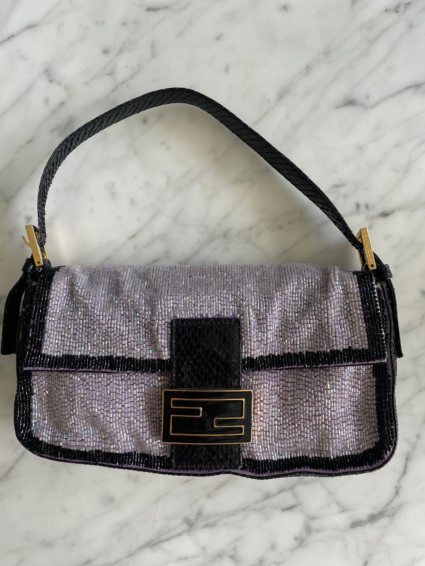 Fendi Vintage Lilac & Black Trim Beaded Baguette